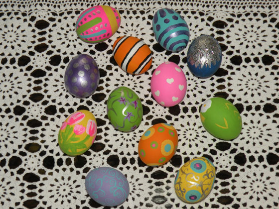 painted easter eggs drying
